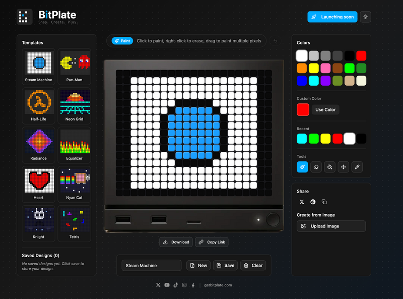 A screenshot of the BitPlate designer tool for Steam Machine