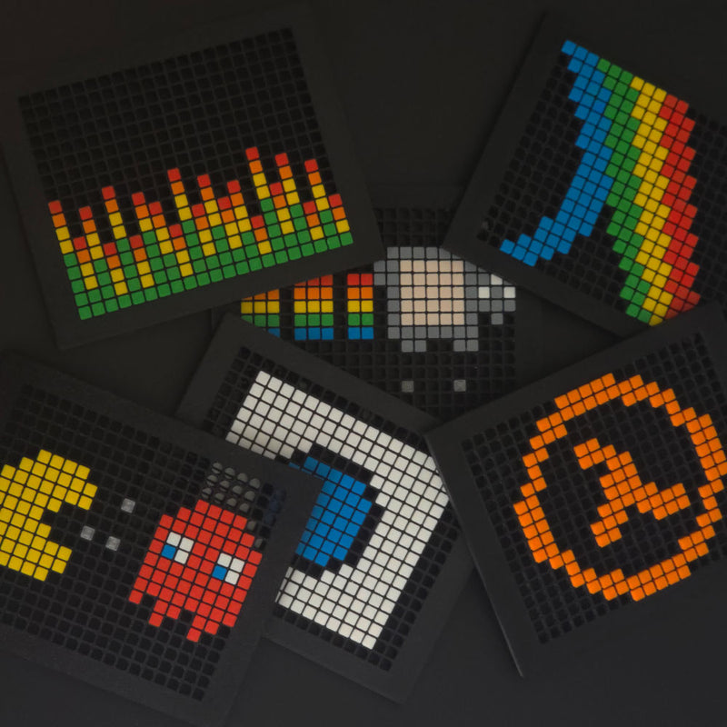 Colorful collage of multiple bitplate pixel art faceplates for steam machine. Including audio histogram, nyan cat, pacman, steam machine logo, arc raiders and half life logo